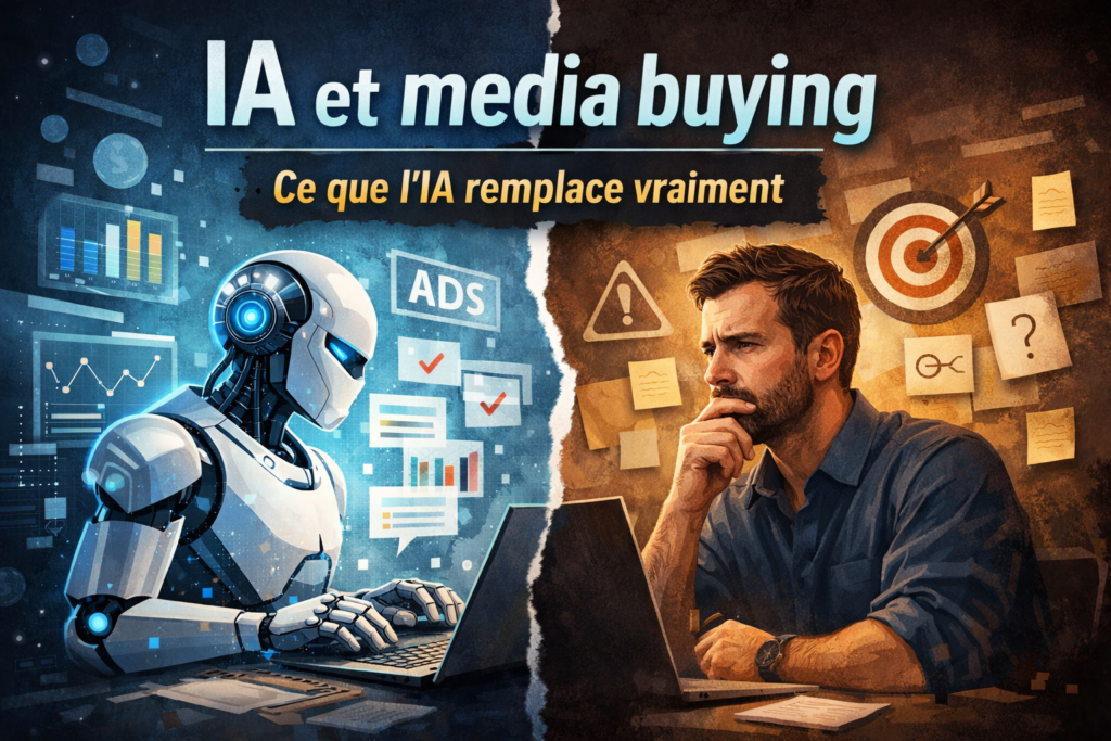 Illustration montrant l’opposition entre l’intelligence artificielle qui automatise l’exécution et le media buyer humain responsable des décisions stratégiques.